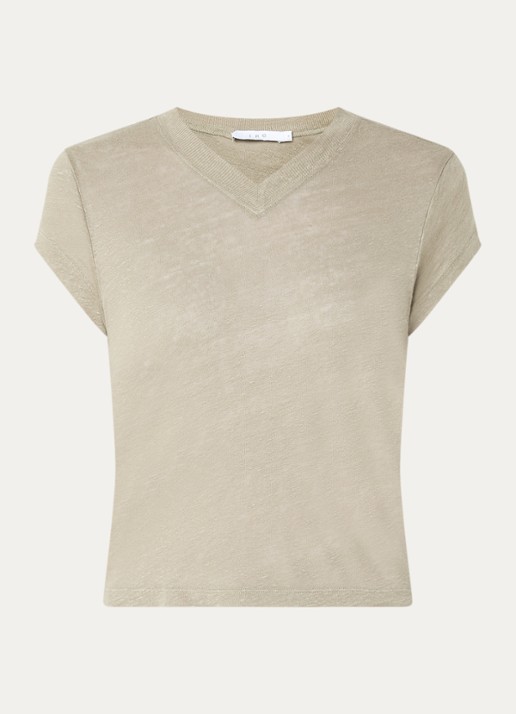IRO Sybel T-shirt van linnen met V-hals - voorkant 3 olijfgroen