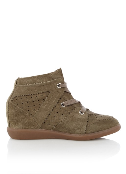Isabel Marant Bobby sneakerwedge van kalfssuède - detail 2 bronsgroen