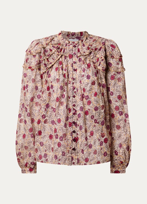Isabel Marant Christa blouse met print en volant - voorkant beige