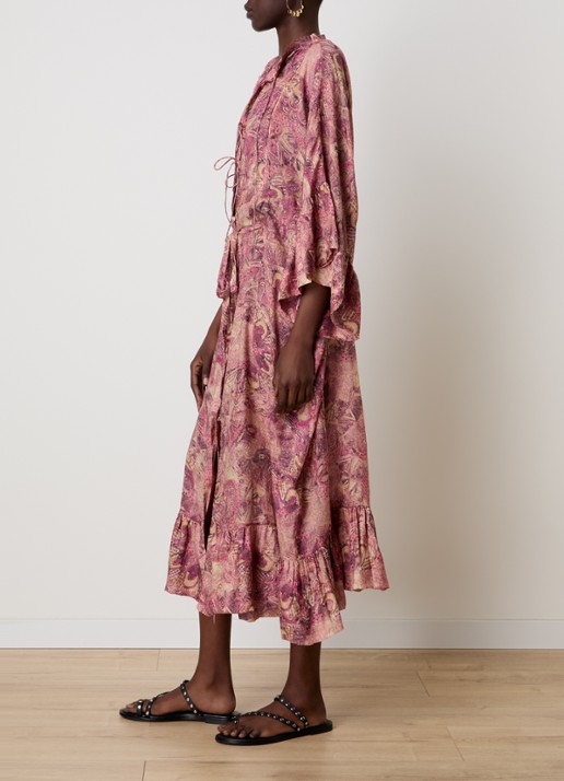 Isabel Marant Cylene maxi blousejurk van zijde met print en strikceintuur - voorkant 5 donkerroze