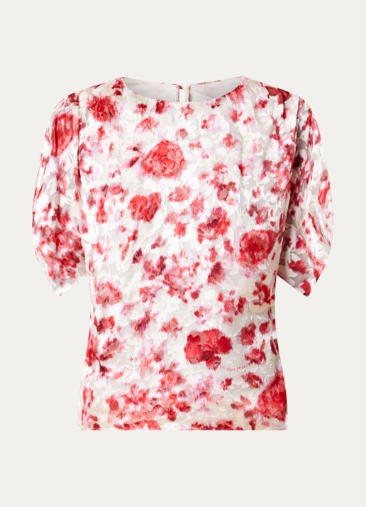 Isabel Marant Hervane tuniek in zijdeblend met bloemenprint en ruches - voorkant 2 gebroken wit