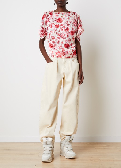 Isabel Marant Hervane tuniek in zijdeblend met bloemenprint en ruches - voorkant 3 gebroken wit