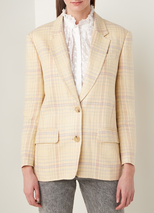 Isabel Marant Ilindea blazer van linnen met ruitdessin - detail 4 lichtgeel