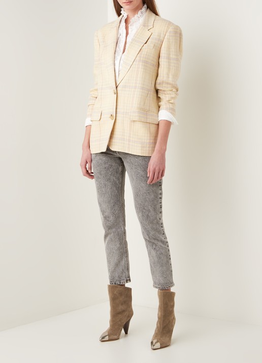 Isabel Marant Ilindea blazer van linnen met ruitdessin - voorkant 3 lichtgeel