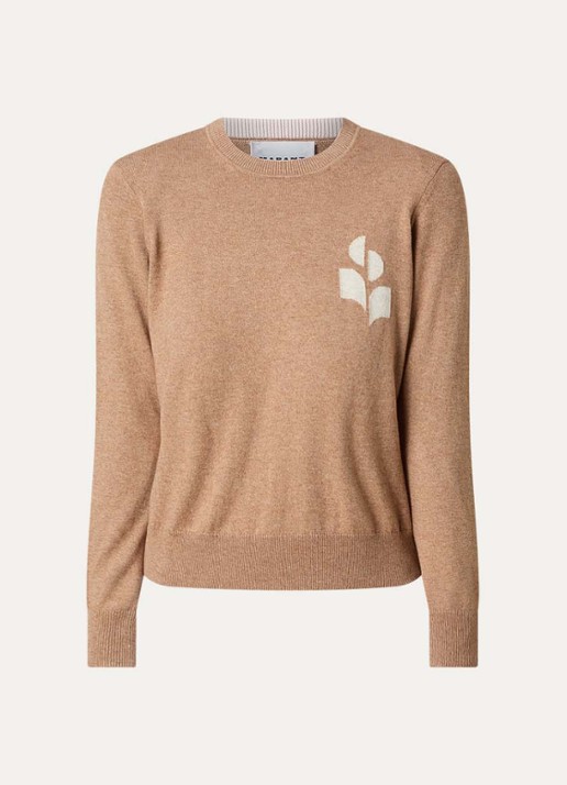 Isabel Marant Lanta fijngebreide trui in wolblend met ingebreide logo - voorkant camel