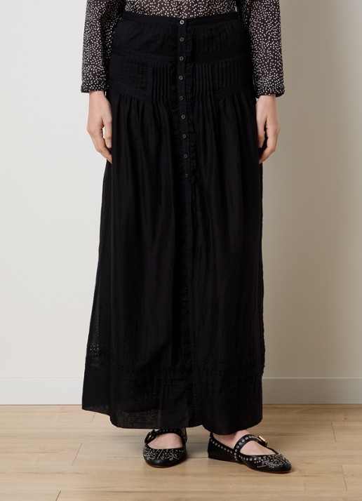 Isabel Marant Loraine maxi rok met borduring en volant - detail zwart