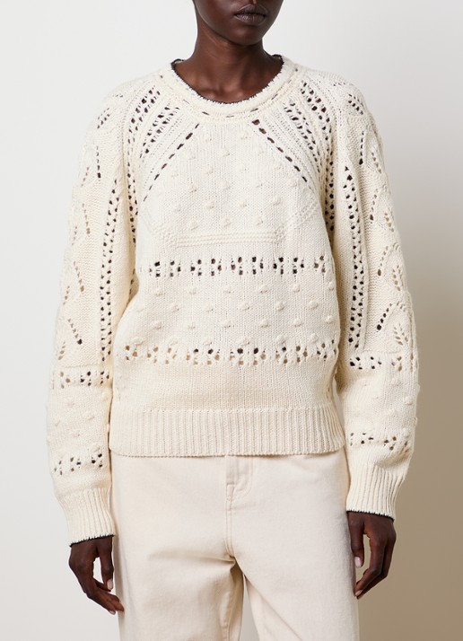 Isabel Marant Luce grofgebreide pullover in merino wolblend met opengewerkt dessin - detail gebroken wit