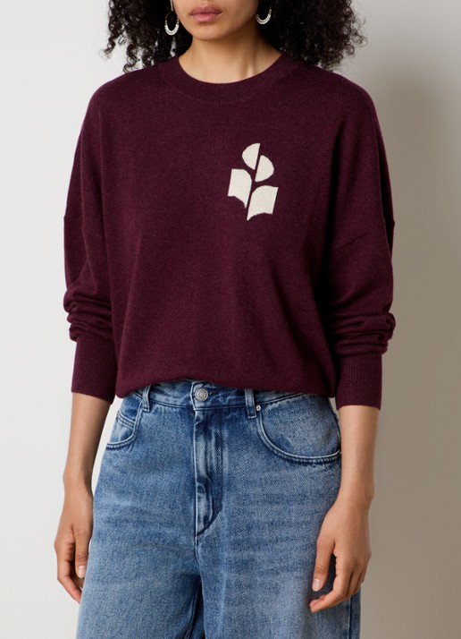 Isabel Marant Marisans fijngebreide pullover in wolblend met ingebreid logo  - detail aubergine
