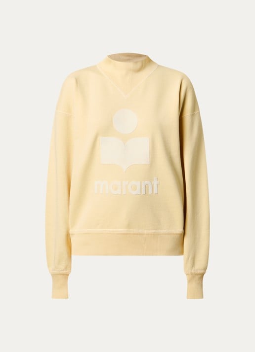 Isabel Marant Moby sweater met opstaande kraag en flock logoprint - voorkant lichtgeel