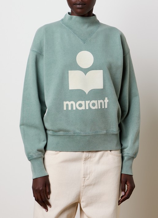 Isabel Marant Moby sweater met opstaande kraag en flock logoprint - detail 2 lindegroen