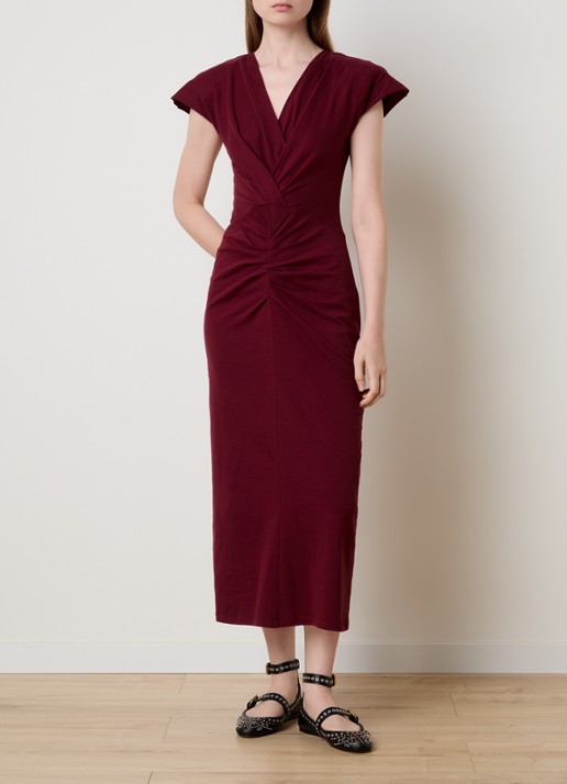 Isabel Marant Nadra midi jurk met schoudervulling en plooidetail - detail cranberryrood