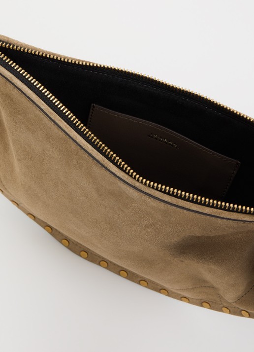 Isabel Marant Oskan Soft Zip schoudertas van suède met studs en afneembare schouderriem - detail donkerbeige