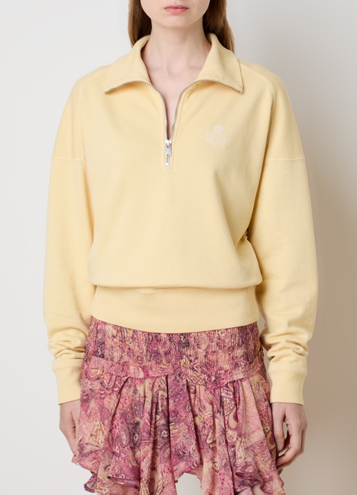 Isabel Marant Ross sweater met halve rits en flock logoprint - detail lichtgeel