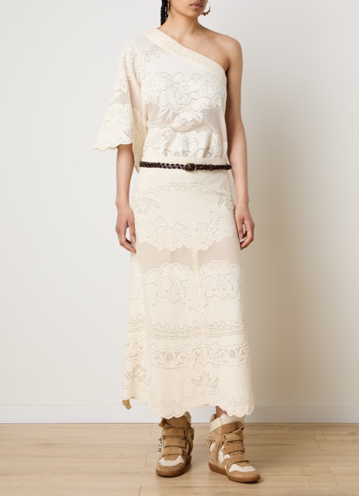Isabel Marant Sanaya high waist midi rok met broderie - voorkant 3 vanillegeel
