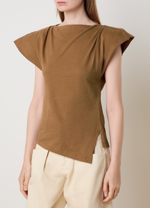 Isabel Marant Sebani top met schoudervulling en asymmetrische zoom - detail camel