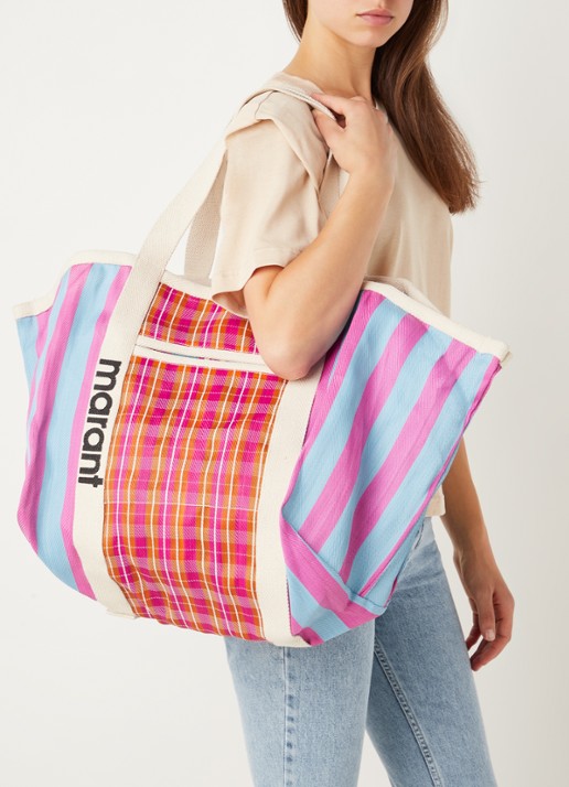 Isabel Marant Warden shopper met streep- en ruitdessin - voorkant 6 paars