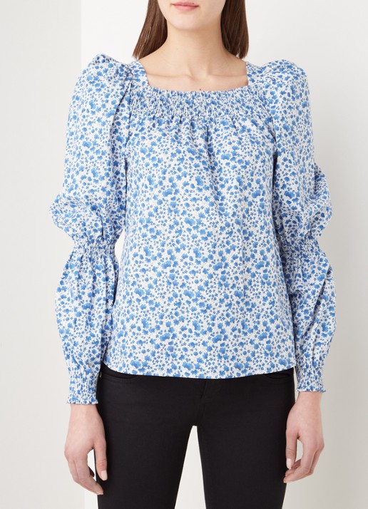 Ivy & Oak Top met pofmouw en bloemenprint - detail 4 donkerblauw