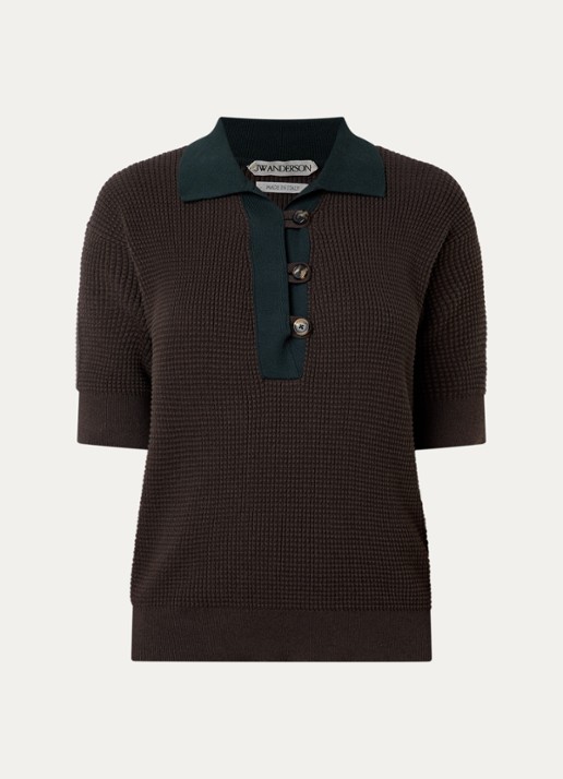 J.W. Anderson Grofgebreide polo in kasjmierblend met ribstructuur - voorkant donkerbruin