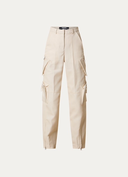 Jacquemus High waist straight fit cargobroek in wolblend - voorkant 2 beige