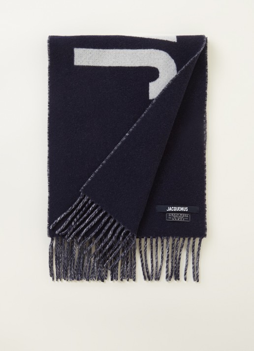 Jacquemus L'Echarpe sjaal van scheerwol met logoprint 180 x 35 cm - voorkant blauw