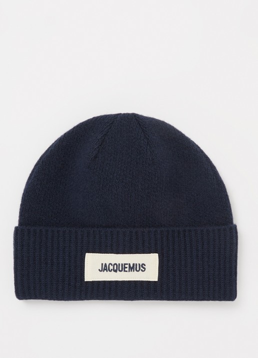 Jacquemus Le Bonnet fijngebreide muts van wol met logo - voorkant blauw