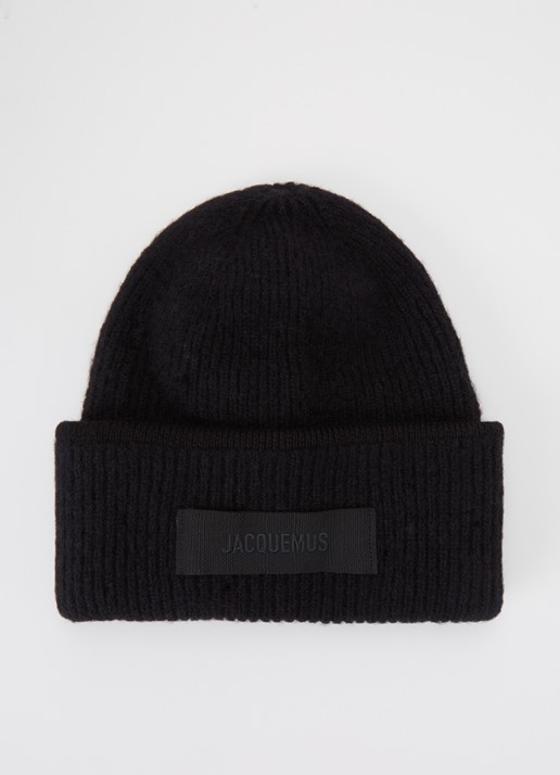Jacquemus Le Bonnet grofgebreide muts in alpaca wolblend met logo - voorkant zwart