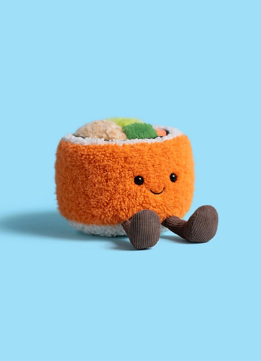 Jellycat Amuseables Codhi Californian Roll knuffel 9 cm - detail oranje