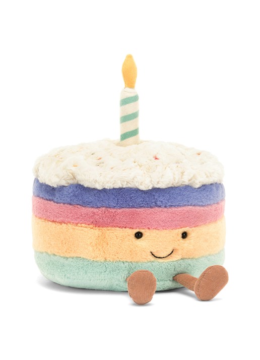 Jellycat Amuseables Rainbow Birthday Cake knuffel 15 cm - voorkant blauw