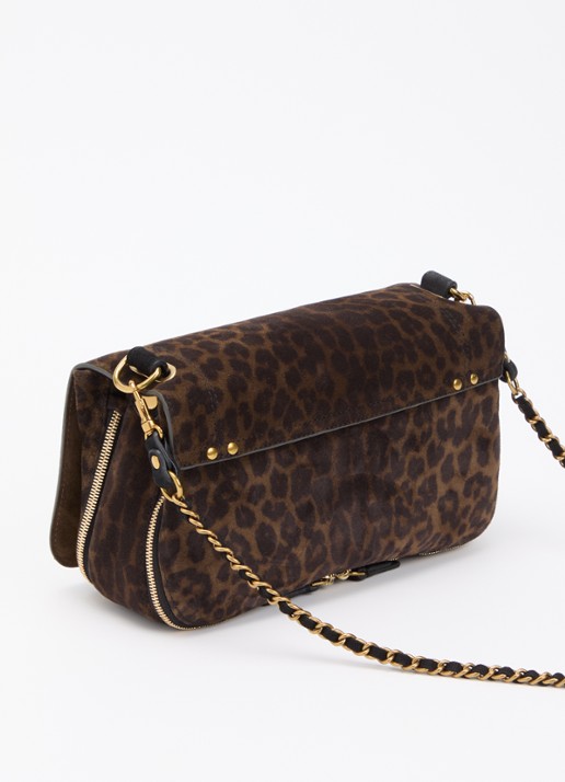 Jérôme Dreyfuss Bobi crossbodytas van kalfssuède met panterprint - achterkant 2 donkerkhaki