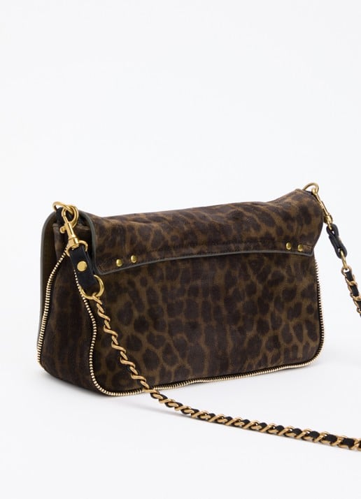Jérôme Dreyfuss Bobi S crossbodytas van kalfssuède met panterprint - achterkant 6 donkerkhaki