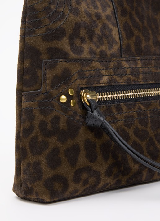 Jérôme Dreyfuss Lucky clutch van kalfssuède met panterprint - detail 4 donkerkhaki