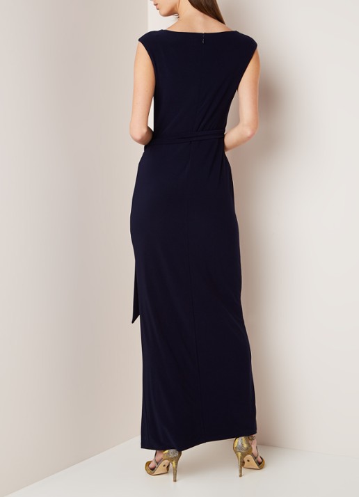 Jersey maxi jurk met strikceintuur en split - achterkant 4 donkerblauw