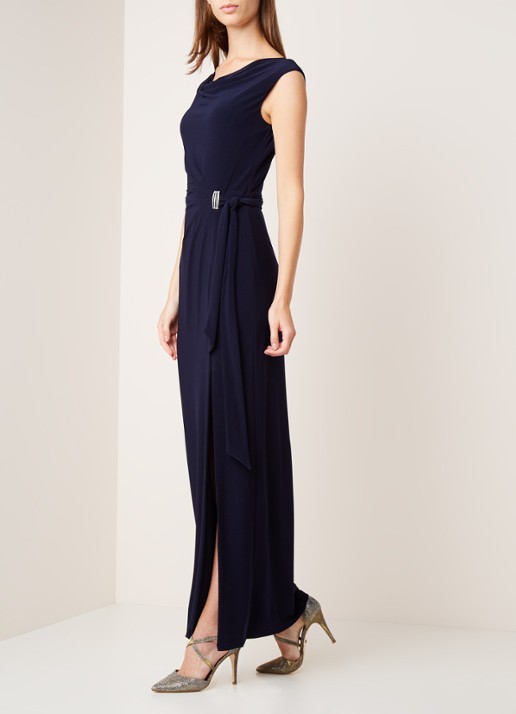 Jersey maxi jurk met strikceintuur en split - detail 3 donkerblauw