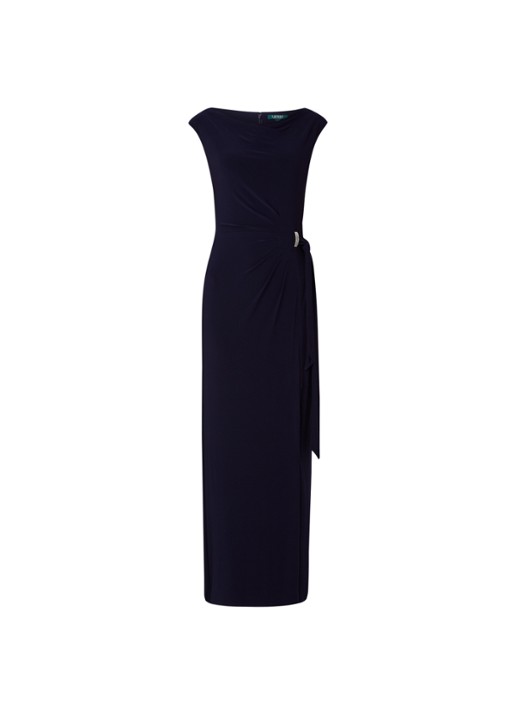 Jersey maxi jurk met strikceintuur en split - voorkant donkerblauw