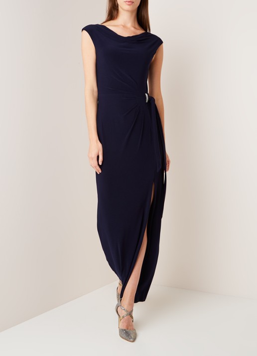Jersey maxi jurk met strikceintuur en split - voorkant 2 donkerblauw