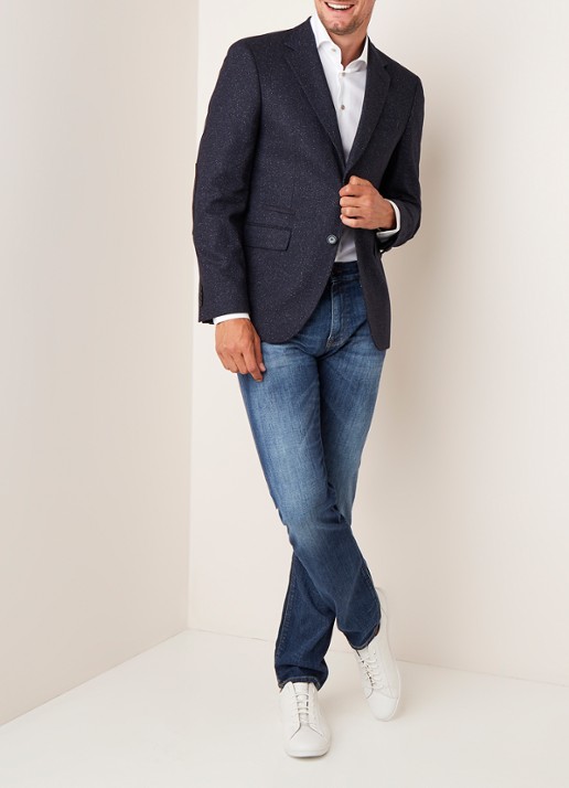 Jestor5 regular fit colbert in gemêleerde wolblend met elleboogstukken - voorkant 7 donkerblauw
