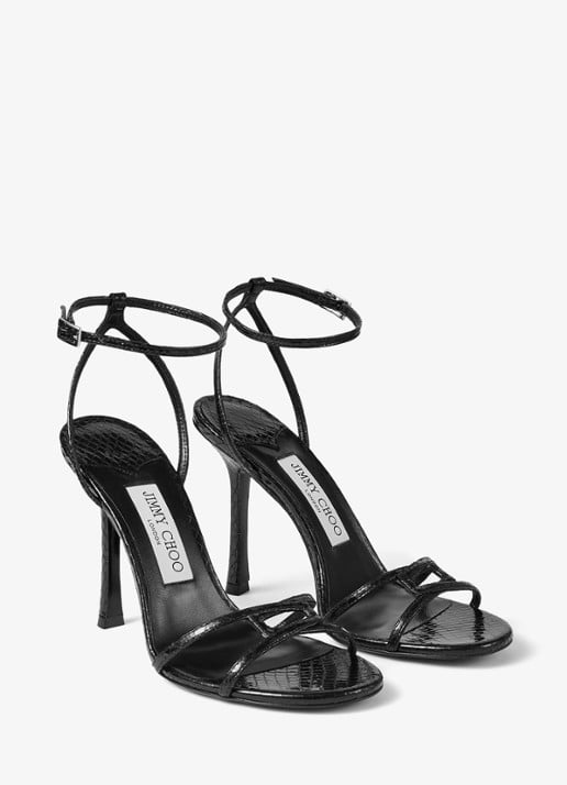 Jimmy Choo 1998 Leo 100 sandalette van geitenleer met slangenstructuur - voorkant 2 zwart