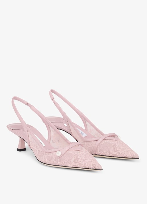 Jimmy Choo Amita 45 slingback van kant met leren details - voorkant 5 roze