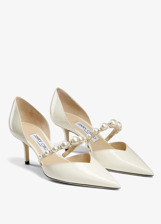 Jimmy Choo Aurelie 65 pump van lakleer met imitatieparels - voorkant 4 ivoor