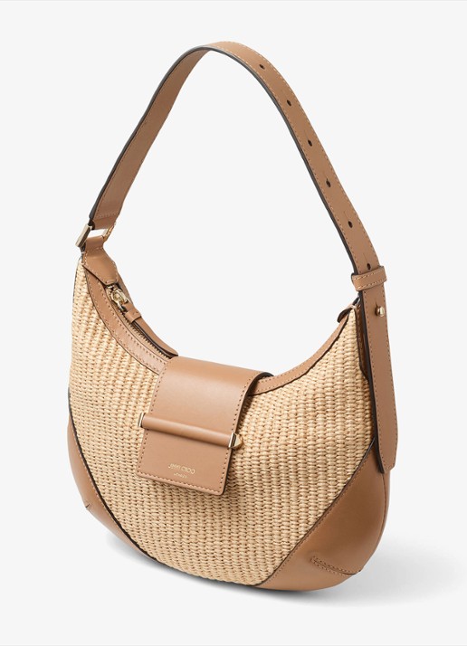 Jimmy Choo Bar Hobo/S schoudertas van raffia met kalfsleren details - detail beige