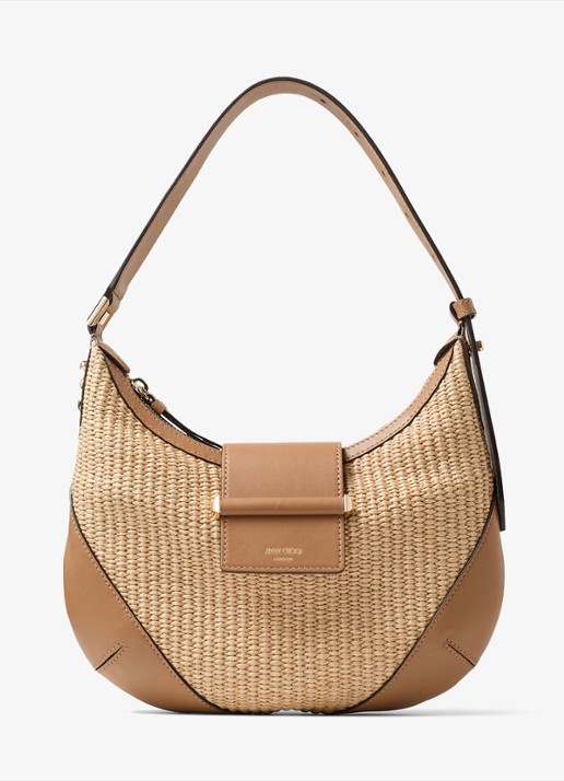 Jimmy Choo Bar Hobo/S schoudertas van raffia met kalfsleren details