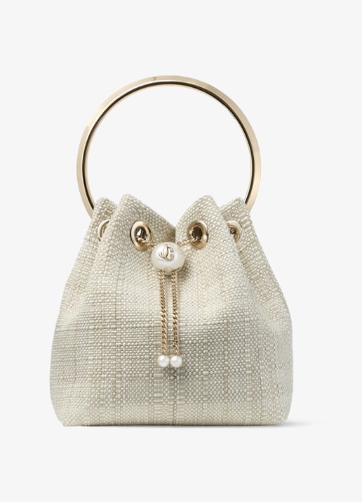 Jimmy Choo Bon Bon handtas van raffia - voorkant beige