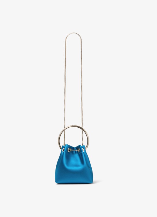 Jimmy Choo Bon Bon handtas van satijn - achterkant 7 lagoon / blauw