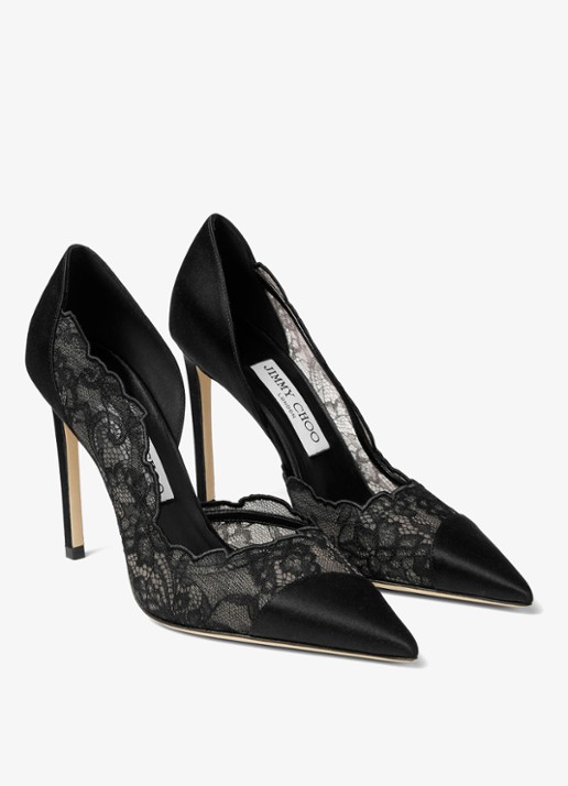 Jimmy Choo Brigitte 100 pump van kant met details van satijn - voorkant 2 zwart