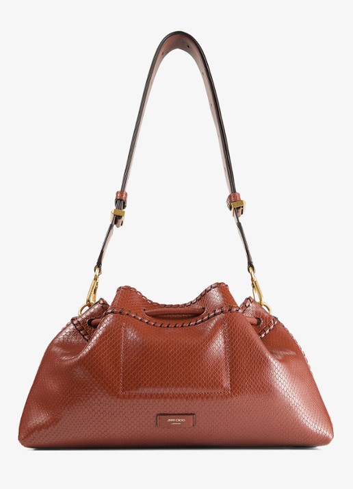 Jimmy Choo Cinch M schoudertas van leer met slangenstructuur - achterkant 5 cognac