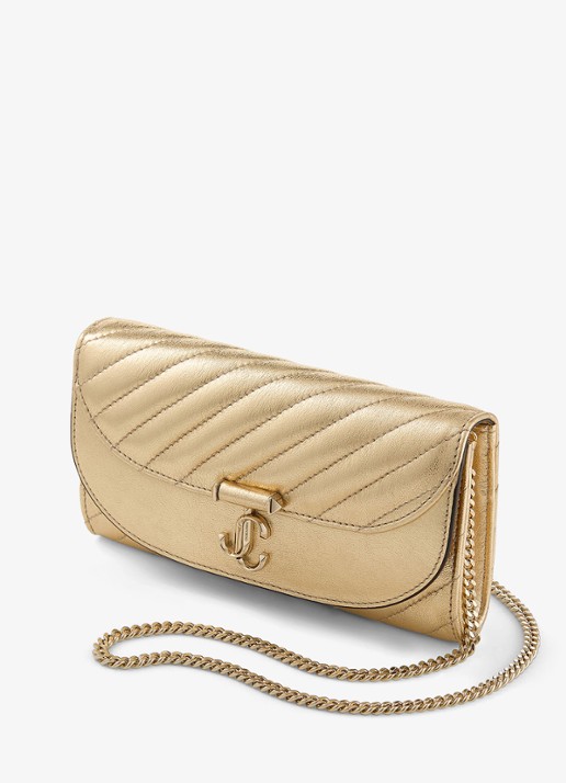 Jimmy Choo Curve clutch van lamsleer met metallic finish en afneembare schouderriem - voorkant 2 goud