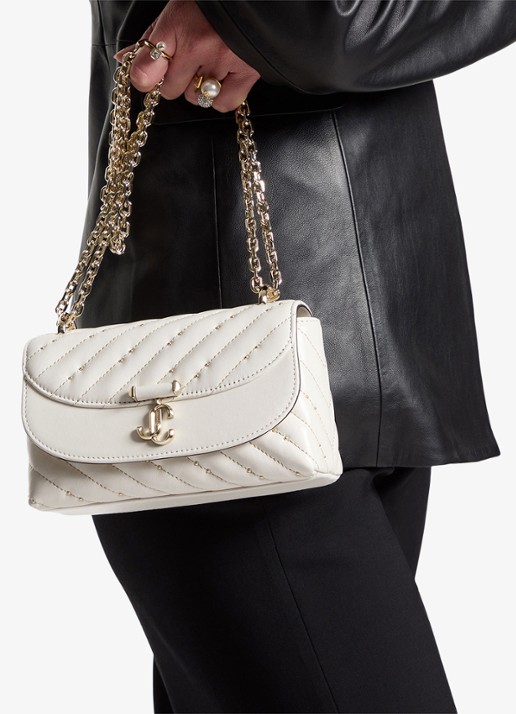 Jimmy Choo Curve S crossbodytas van lamsleer met studs - voorkant 2 gebroken wit