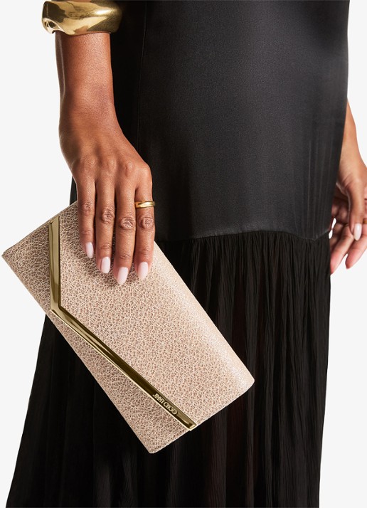 Jimmy Choo Emmie Clutch met glitter en afneembare schouderriem - voorkant 3 beige