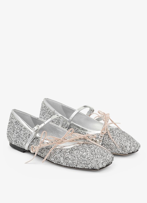 Jimmy Choo Loli ballerina met leren details en glitter - voorkant 2 zilver