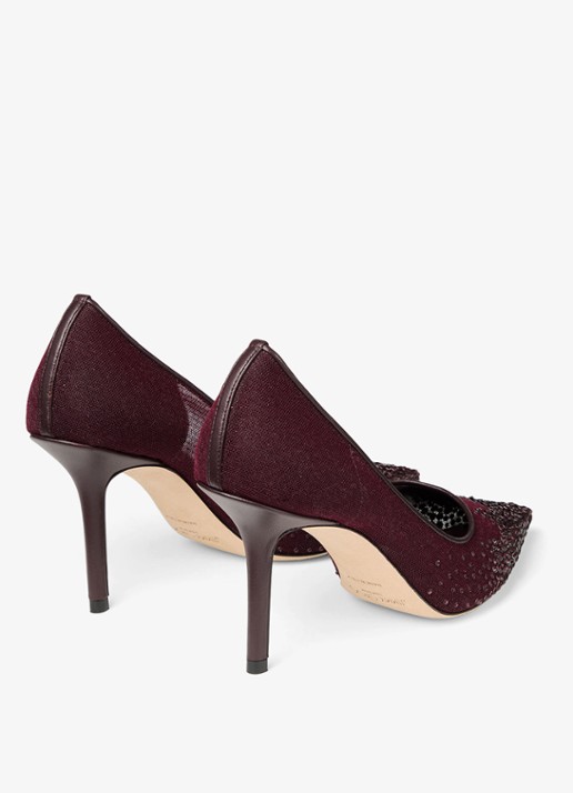 Jimmy Choo Love 85 pump van mesh met strass - achterkant 5 donkerrood